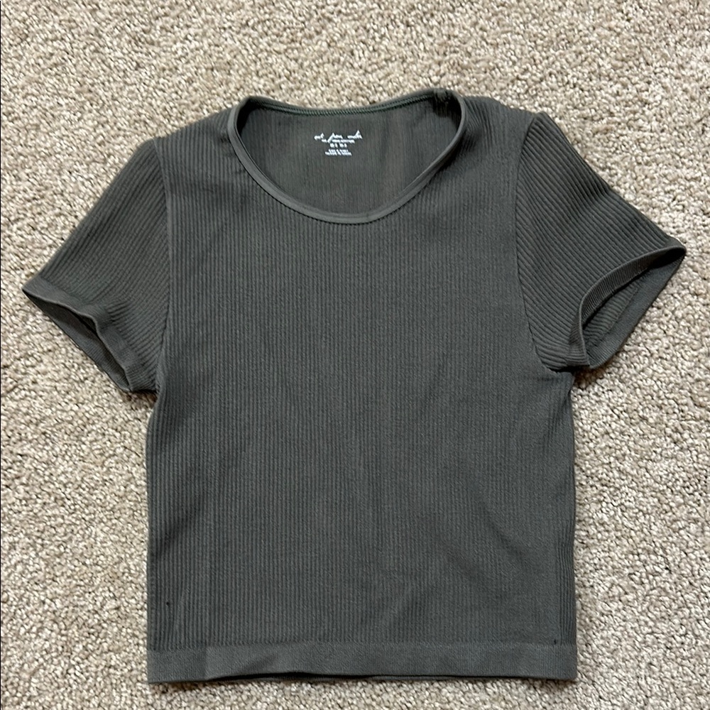 Urban Outfitters Olive Cuffed Sleeve Crop Top